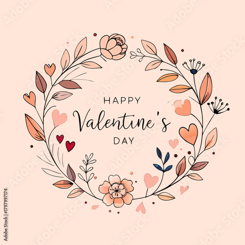 Elegant floral wreath with hearts and happy valentine s day greeting