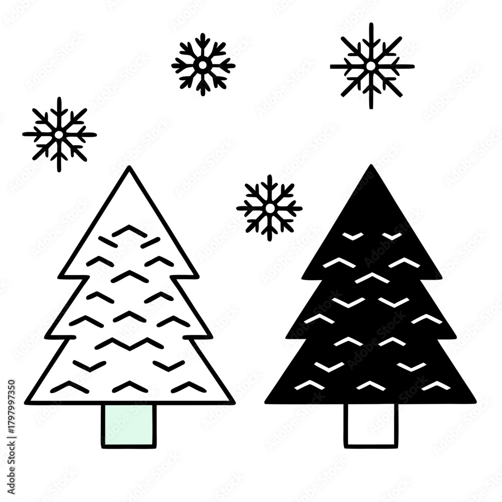 Obraz premium Stylized christmas trees and snowflakes in a simple winter scene