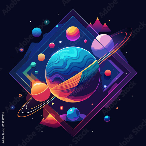 Vibrant geometric planets and celestial bodies in a cosmic abstract design