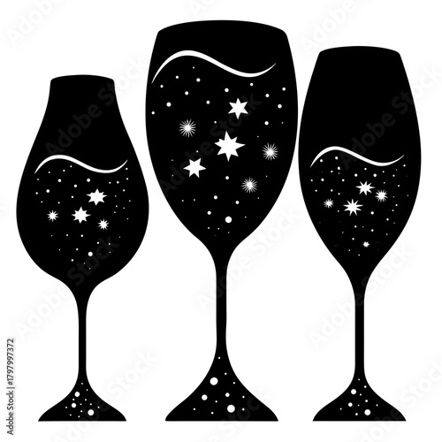 Three elegant wine glasses filled with sparkling stars and dots against a white background