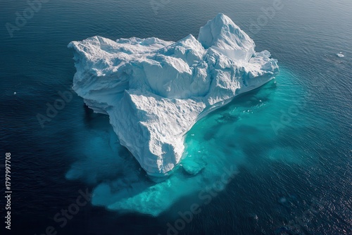 Majestic iceberg floating gracefully in crystal-clear waters, showcasing intricate surface textures and shades of turquoise, creating a stunning contrast