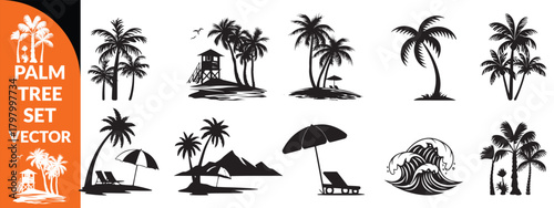 Black palm tree set vector illustration isolated on white background silhouette art black white stock illustration logo icon png. tropical, beach, landscape, pattern, paradise, coconut background  set