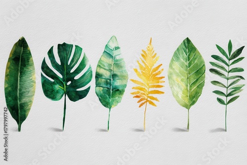 Colorful watercolor leaves on textured light background showcasing unique shapes and vibrant hues from deep greens to bright yellows, perfect for nature-inspired designs and decor