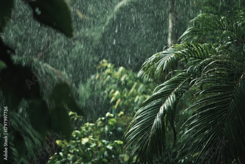 Tropical rainforest scene drenched in heavy rain, featuring lush green palm leaves adorned with glistening droplets, with a blurred background enhancing the vibrant landscape's beauty