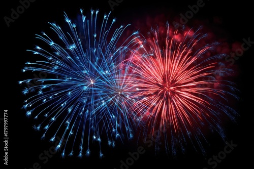 Vibrant fireworks illuminate dark night sky with contrasting colors, creating festive atmosphere and dynamic visual appeal for celebrations and events