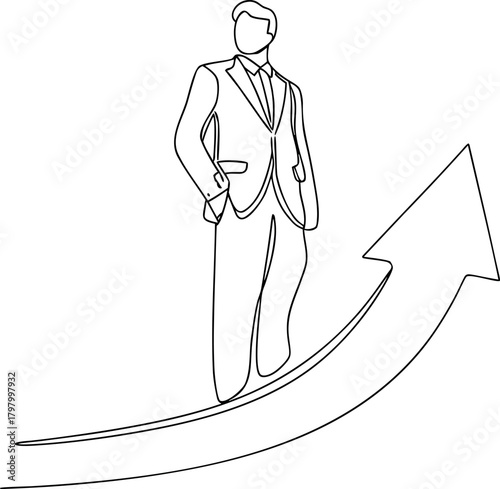 Businessman riding upward arrow single line illustration