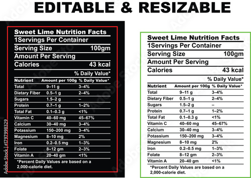sweet lime Facts label isolated on white background with daily values, nutrition calculator, nutritional panel, Supplement Facts