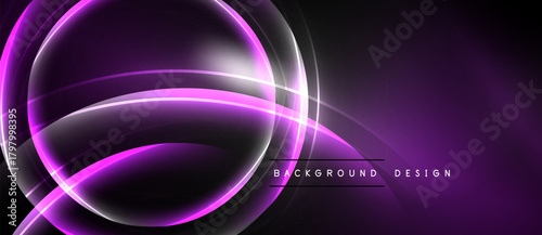 Abstract purple neon lines create dynamic circular shapes. Dark background enhances glowing effect, modern design element.