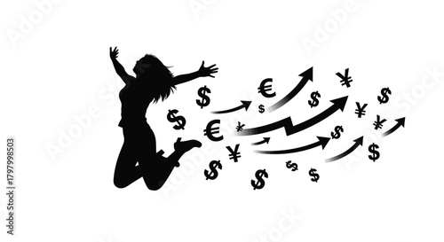 Silhouette of a joyful woman surrounded by financial growth and currency symbols