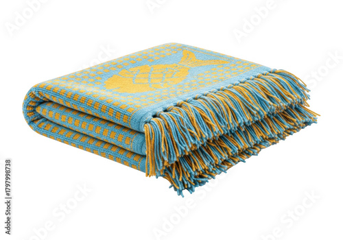 Folded blue and yellow throw blanket isolated on transparent background