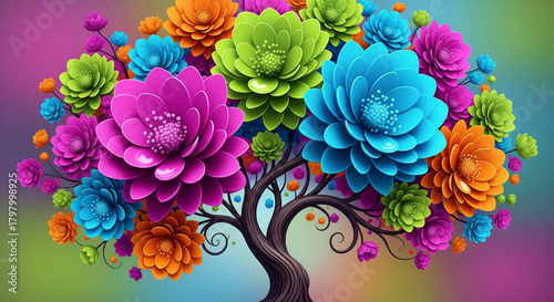 Colorful 3D Blossoming Floral Tree Wall Art, 3D Relief Mural, 3D Wallpapers, 3d Floral art, 3D Wall Mural, 3D Floral Background.