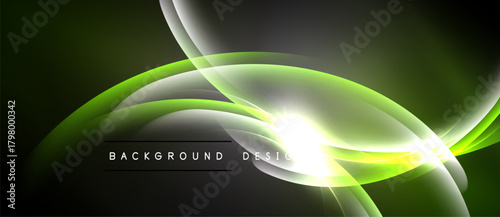 Abstract design features glowing curves, vibrant green hues, dark background. Light radiates from central point, creating dynamic visual effect.