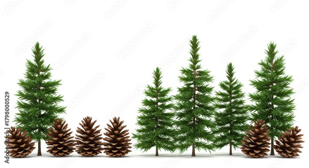Obraz premium Isolated row of green pine trees and brown pine cones against a stark white backdrop, perfect for seasonal designs ,frame, element, branch
