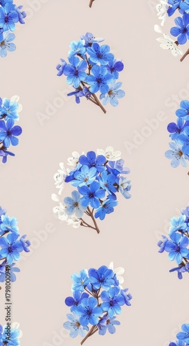 Seamless floral background pattern featuring delicate clusters of vibrant blue blossoms and soft white petals against a light, airy backdrop ,leaf, design, fabric