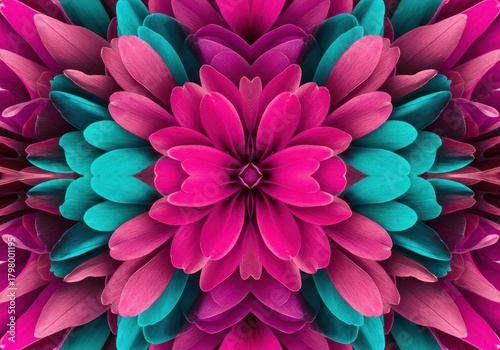 Symmetrical background featuring vibrant abstract floral motifs in contrasting hues of pink, magenta, turquoise, and cyan ,floral, template, petals
