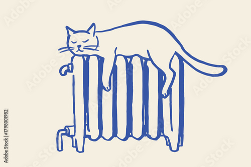 Cat on radiator naive hand drawn sketch vector illustration