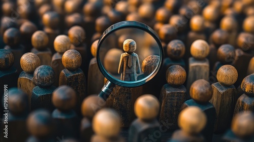 Seeking Talent, Wooden Figurines with Magnifying Glass Representing Individual