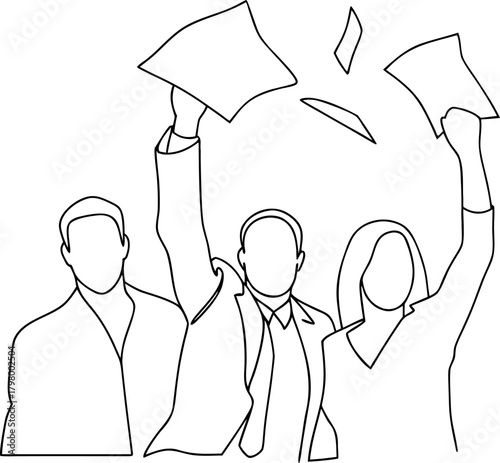 Line art business team celebrating success papers flying