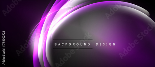 Abstract purple light curves form oval shape. Dark background enhances glowing effect. Text reads background design.