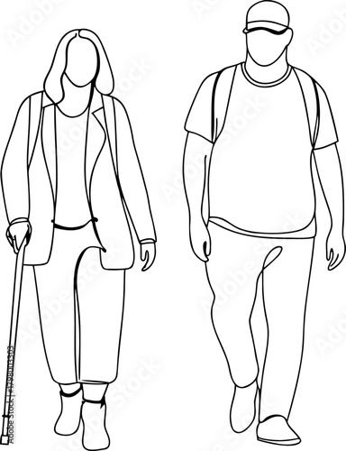 Line art illustration of elderly couple walking