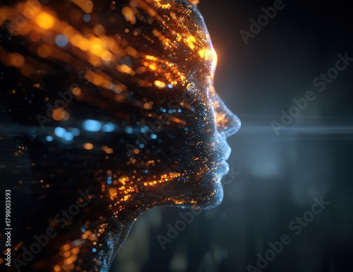 Abstract digital face with glowing particles and light streaks.