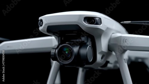 Close up of a modern quadcopter drone with camera and gimbal system, hovering against a clean backgroundideal for aerial photography, videography, surveillance and tech projects