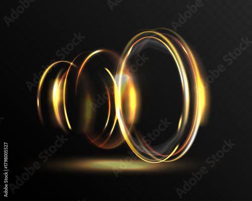 Glowing golden light vortex rings with dynamic swirling energy, bright luminous circles, motion blur trails and radiant highlights for magical, futuristic or abstract visual effects.
