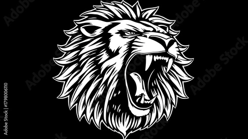 Fierce lion head roaring with mane illustration black and white