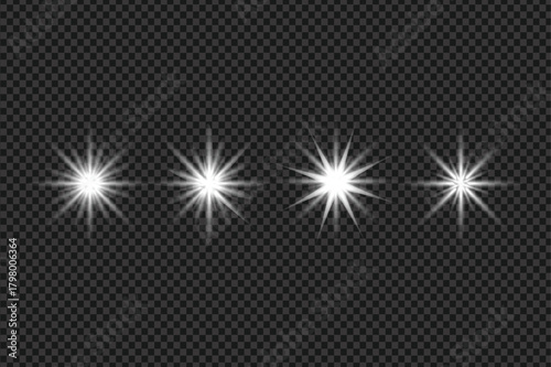 A collection of sparkling white starbursts and light effects displayed on a transparent dark background