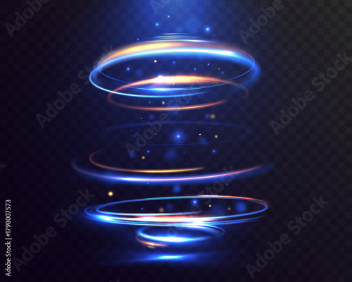 Light vortex spiral with glowing energy rings, magic swirl portal effect, bright rotating circular light trail with particles on transparent background.