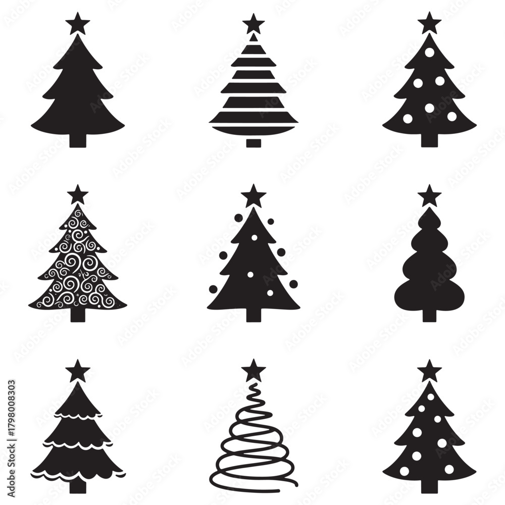 Obraz premium Set of 12 Christmas Tree Silhouettes - Various Styles, Icons, and Decorations