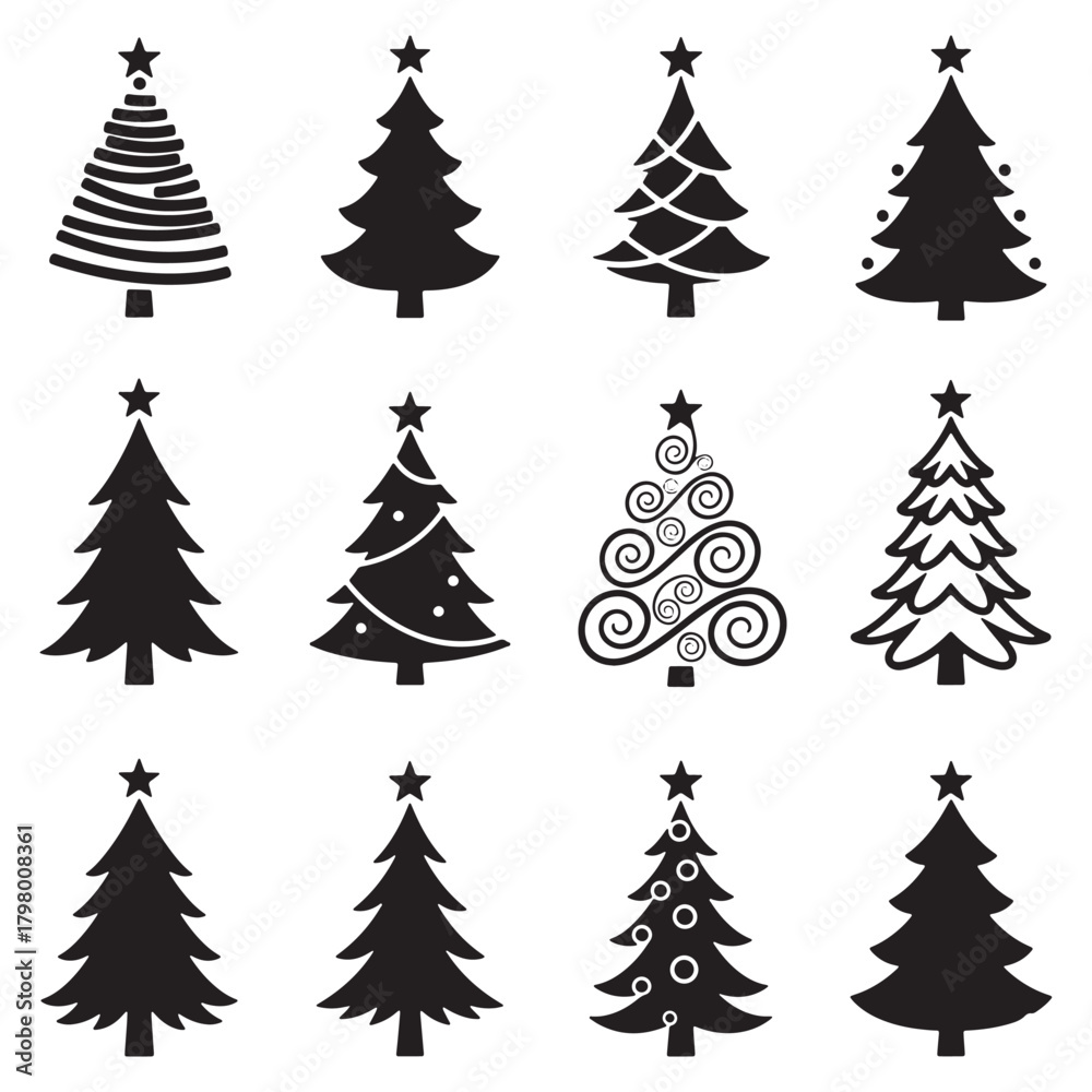 Obraz premium Set of 12 Christmas Tree Silhouettes - Various Styles, Icons, and Decorations