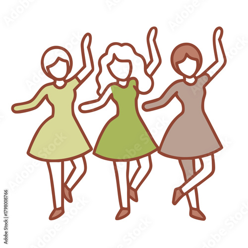 A trio of women, radiating joy, dance in unison, their dresses swaying gracefully, a celebration of friendship and carefree spirit