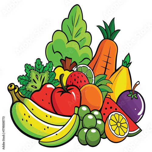 A vibrant assortment of fruits and vegetables, including bananas, apples, grapes, carrots, and lettuce, bursting with color and freshness