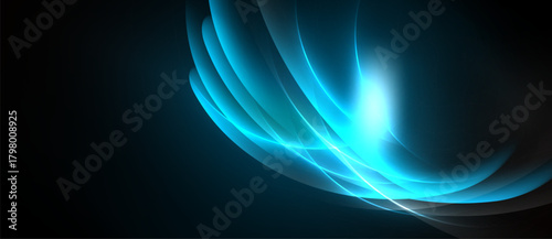 Abstract blue light curves radiate from bright center. Dark background emphasizes flowing shapes, creating dynamic visual effect.