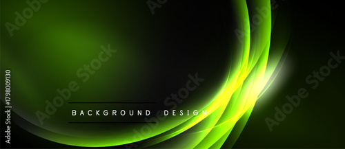 Dark green abstract background. Smooth curves create dynamic light effect. Modern design suitable for banners, presentations.
