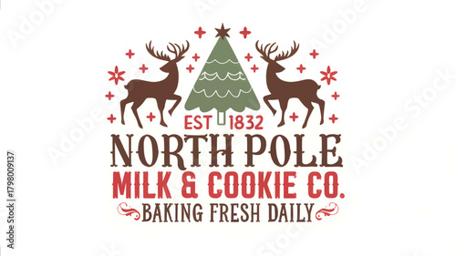 Festive north pole milk and cookie co logo with reindeer and christmas tree silhouette celebrating fresh daily baking and holiday cheer