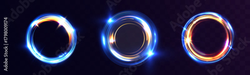 Glowing energy light vortex rings with bright blue and pink luminous swirls, dynamic circular motion trails and futuristic radiant portal effect on dark transparent background.