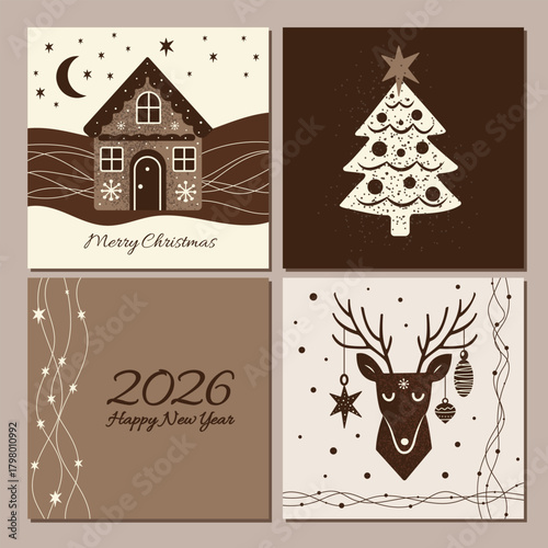 christmas set of four cards in minimalistic flat style in brown colors. graphic art of group xmas cards with greetings