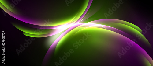 Abstract shapes blend, vibrant purple, green hues dominate. Light radiates from central intersection, dark background contrasts beautifully.