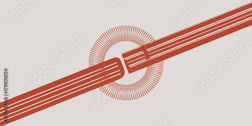 Abstract design featuring red striped bars intersecting a circular lined element on a light background