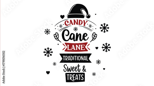 Whimsical christmas candy cane lane traditional sweet treats lettering with snowflakes and santa hat silhouette