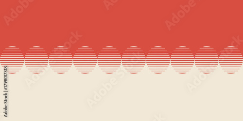 A graphic design featuring a row of striped circles against a two toned background of red and beige