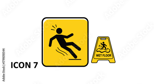 Graphic depicting a falling person, indicating a slippery floor hazard, alongside a wet floor warning sign.