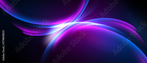 Abstract shapes, vibrant blues, pinks create dynamic energy. Smooth gradients suggest movement, light interplay. Dark background emphasizes luminosity.