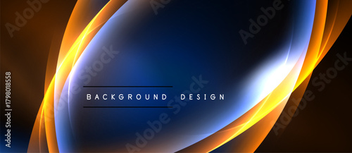 Abstract design features flowing orange curves, blue center. Text reads background design. Minimalist, modern aesthetic. Dark backdrop enhances visual impact.