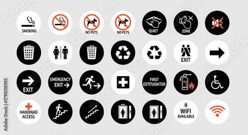 Collection of circular public information symbols and signs, including smoking, no pets, recycling, exit, and wifi.