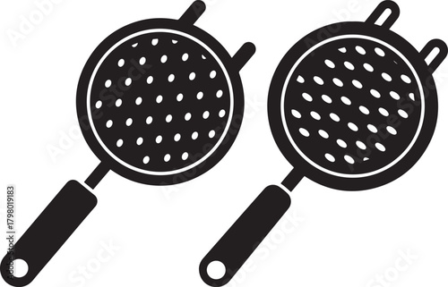 Two black kitchen strainers with handles silhouette