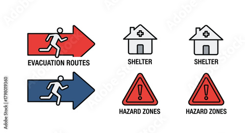 Illustrative graphic showing evacuation route symbols, shelter icons, and hazard zone warnings.