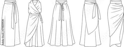 Fashion design illustration of five elegant wrap skirts collection, long and short styles, vector line art for apparel template inspiration